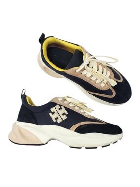 Tory Burch Good Luck Trainer Nylon Suede Sneakers 83833 Black Cream Size 7.5